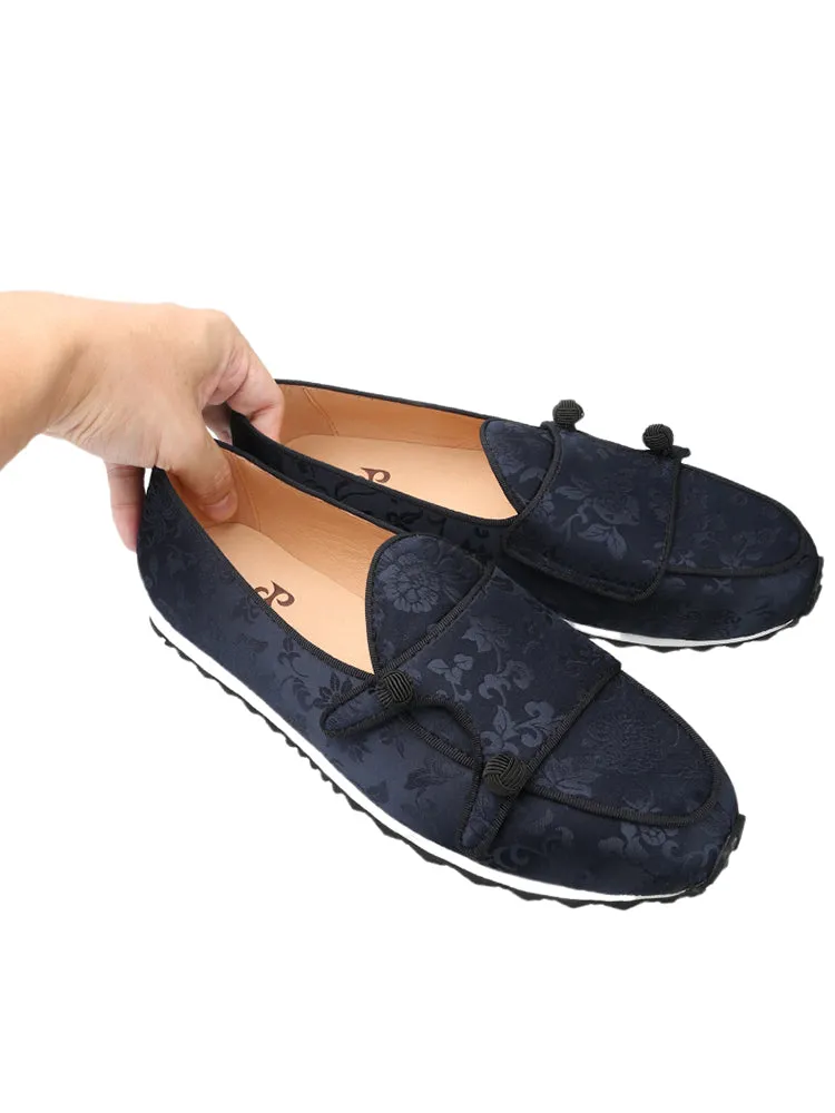 Chinese style black printed silk men's dad shoes handmade ball buckle black and white thick sole casual sports shoes for men