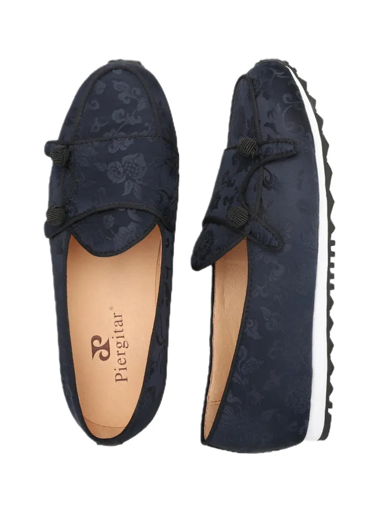 Chinese style black printed silk men's dad shoes handmade ball buckle black and white thick sole casual sports shoes for men