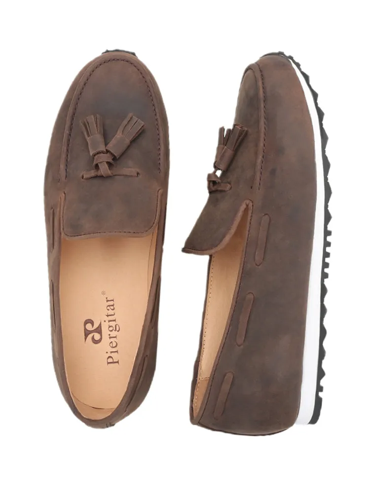 Imported from Italy, color-changing crazy horse leather men's one-leg dad shoes, European and American style tassel casual fashion shoes
