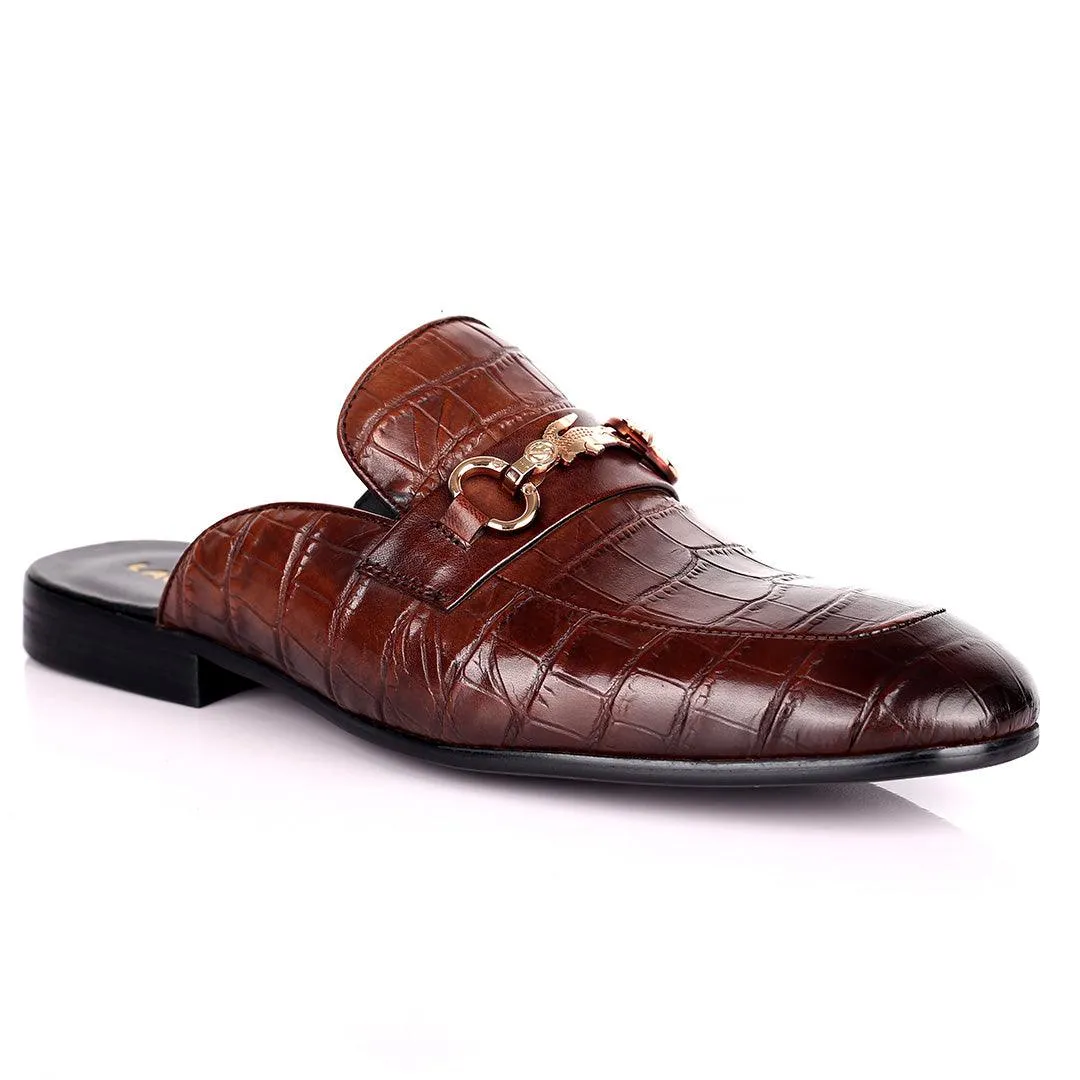 Lacos Elegant Gold Logo Designed Coffee Half Leather Shoe